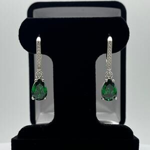 Beautiful 5ctw Pear Cut Emerald & White Sapphire Teardrop Emerald Earrings